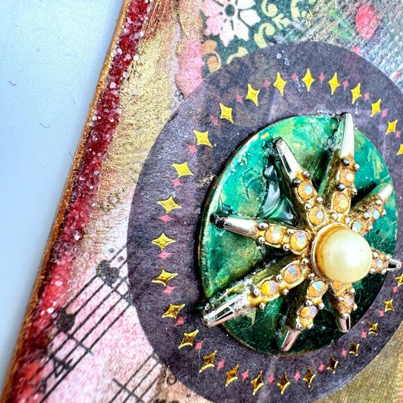 Handcrafted Ornament OOAK Collage Star Gold green Red & Pearl Accents Ribbon - Picture 4 of 10